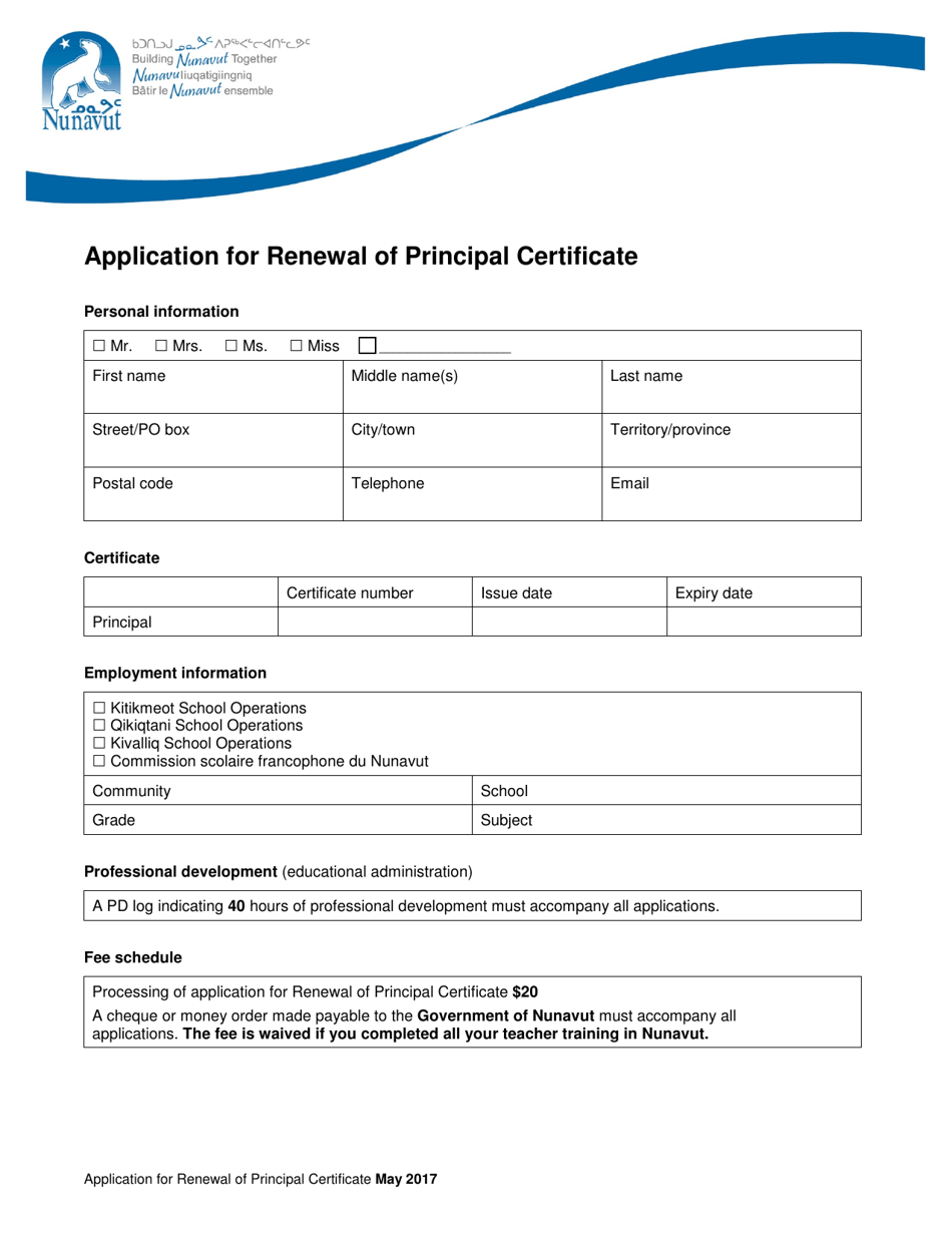 Application for Renewal of Principal Certificate - Nunavut, Canada, Page 1