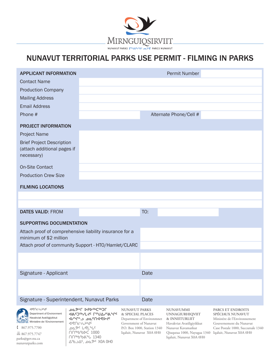 Nunavut Territorial Parks Use Permit - Filming in Parks - Nunavut, Canada, Page 1