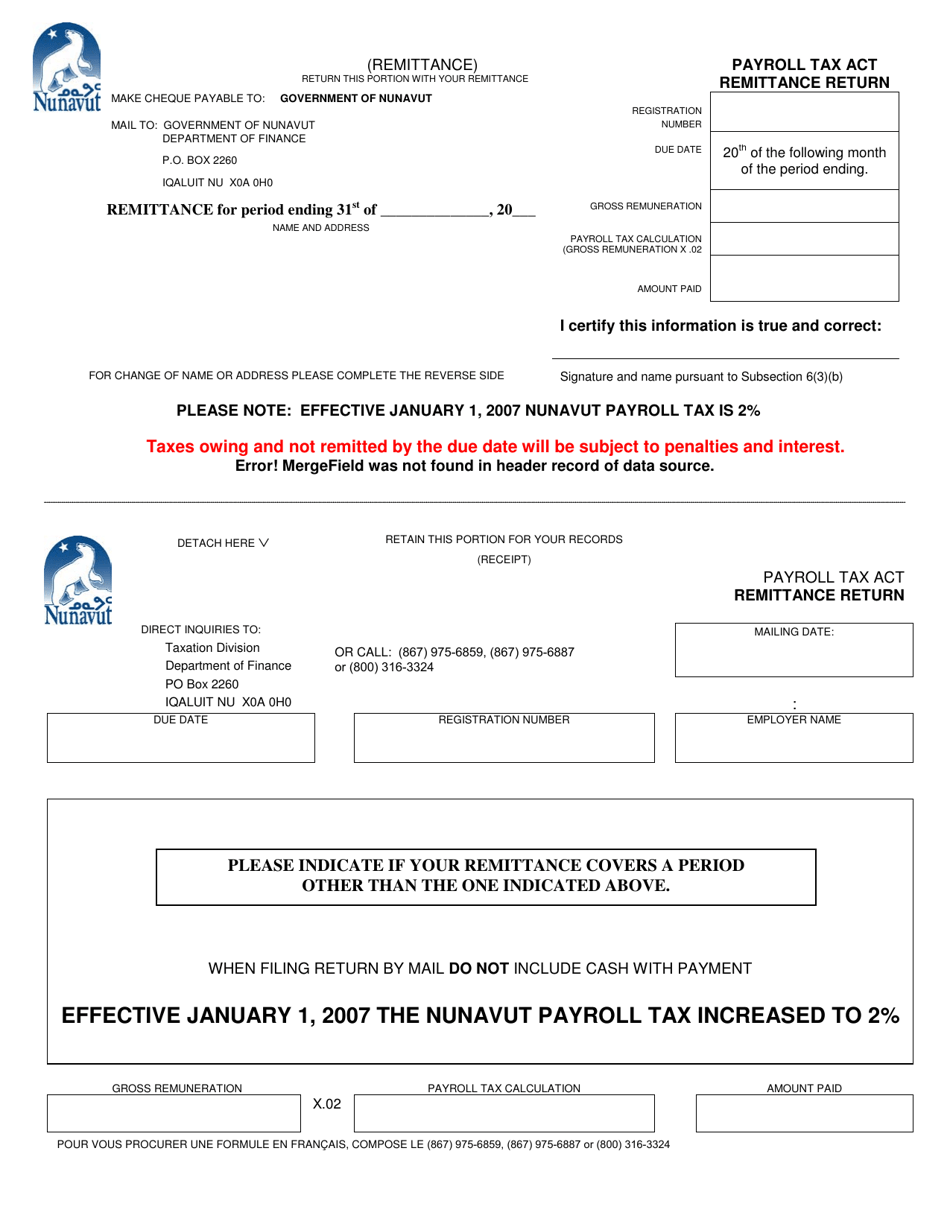 Nunavut Canada Payroll Tax Act Remittance Return Fill Out, Sign
