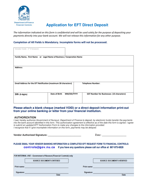 Application for Eft Direct Deposit - Nunavut, Canada Download Pdf