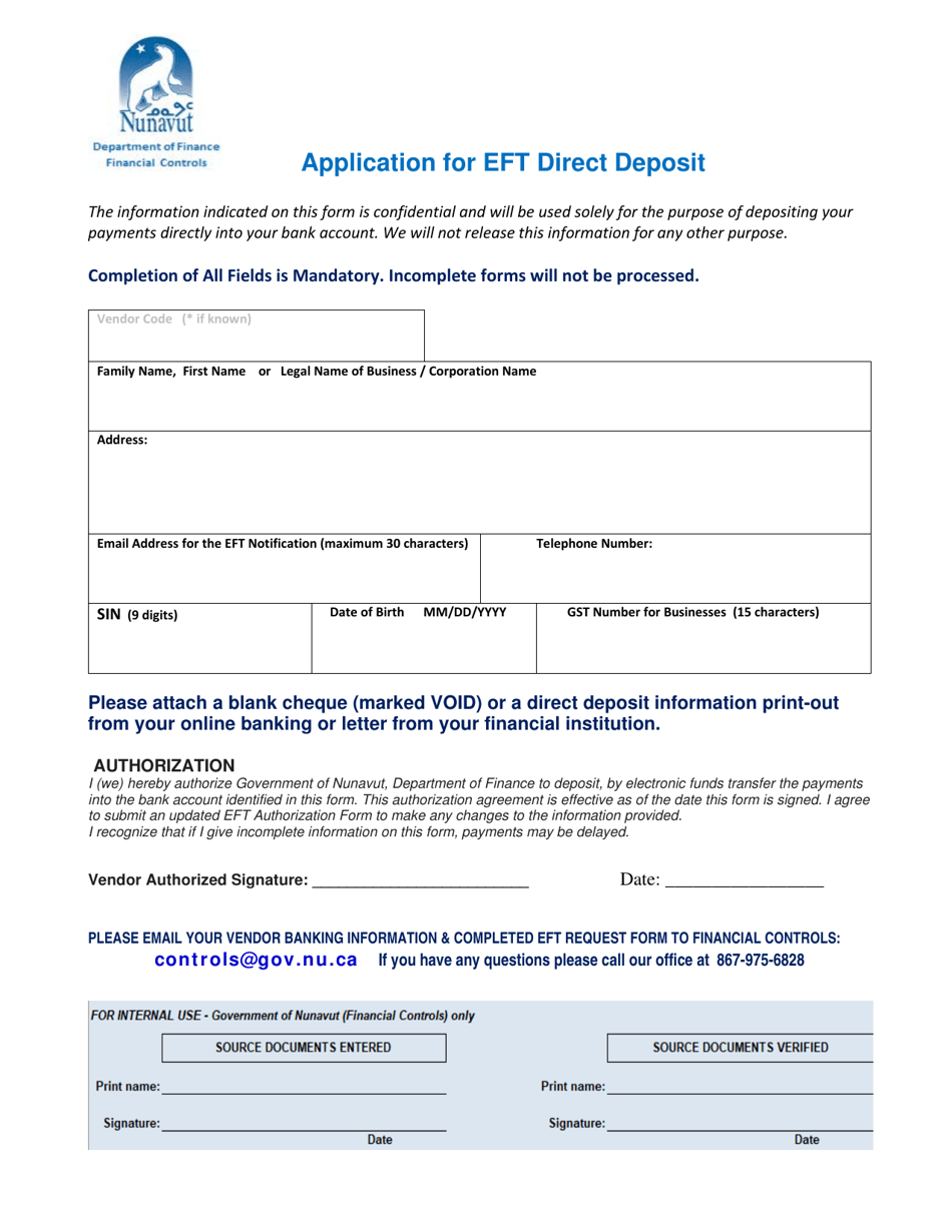 Application for Eft Direct Deposit - Nunavut, Canada, Page 1
