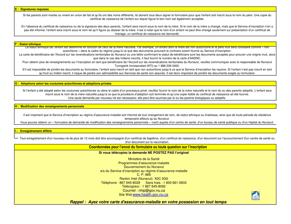 Formulaire Dinscription DES Nouveau-Nes Au Regime Dassurance-Maladie - Nunavut, Canada (French), Page 2