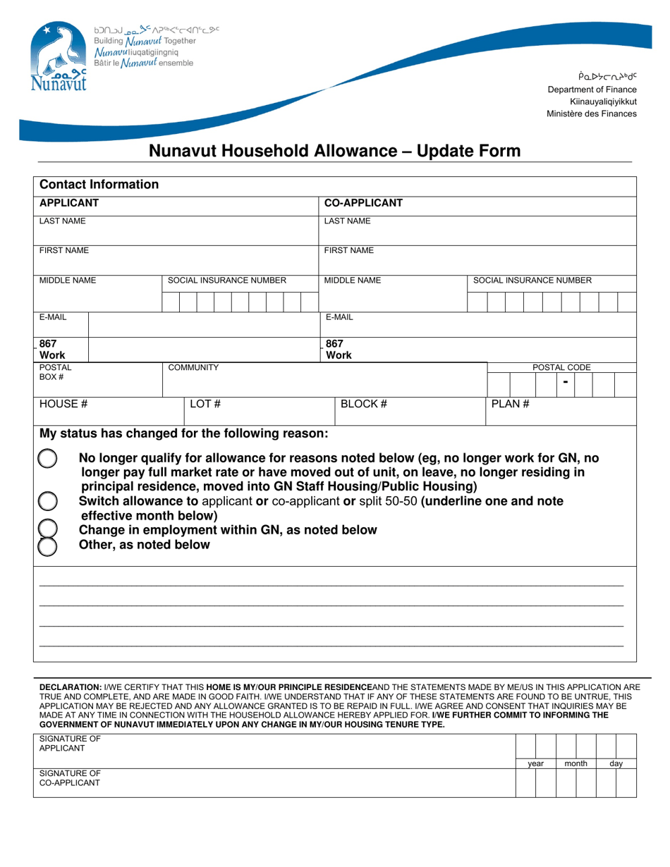 Nunavut Household Allowance - Update Form - Nunavut, Canada, Page 1