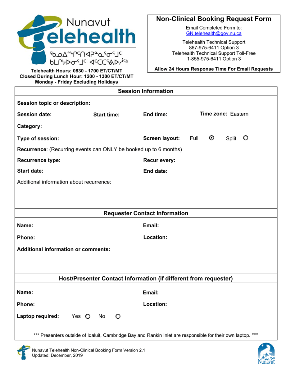 Telehealth Non-clinical Booking Request Form - Nunavut, Canada, Page 1