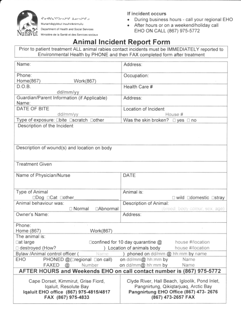 Animal Incident Report Form - Nunavut, Canada Download Pdf