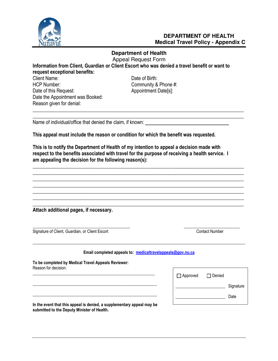 Appendix C Appeal Request Form - Nunavut, Canada, Page 1