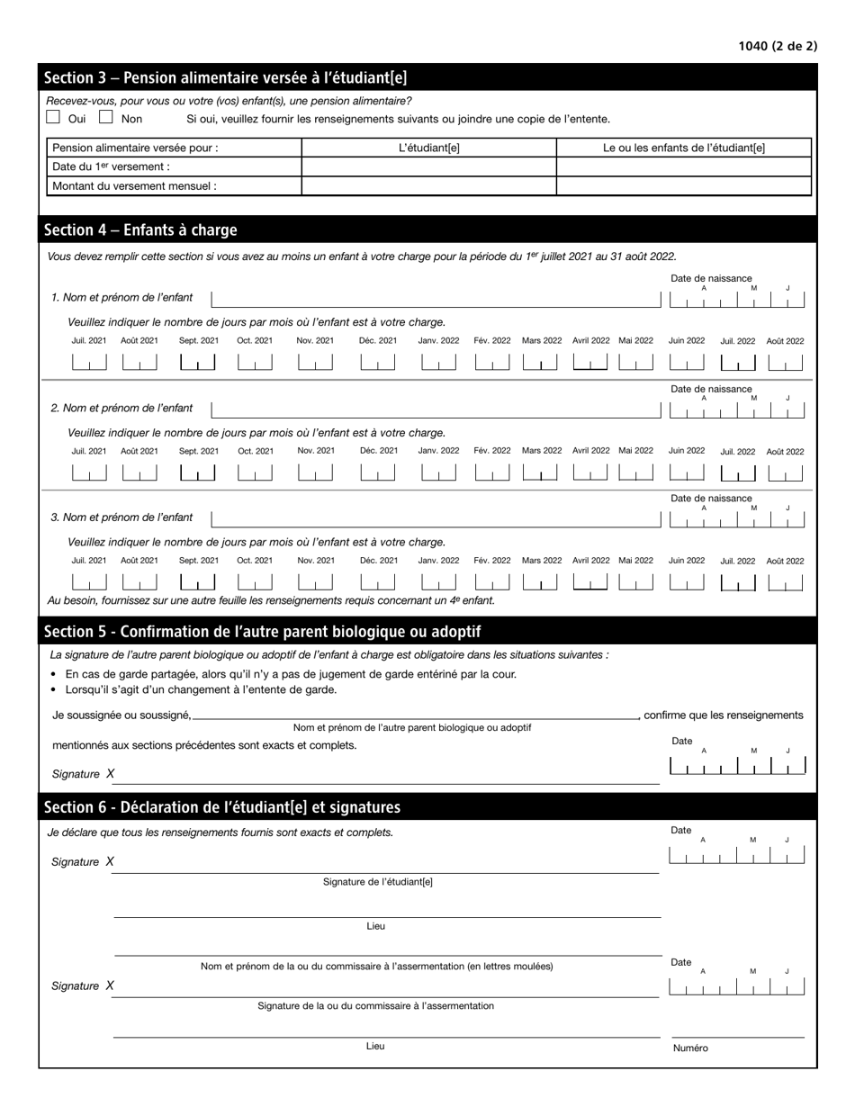 Forme 1040 (22-1239-21) Declaration De Statut Familial - Quebec, Canada (French), Page 2