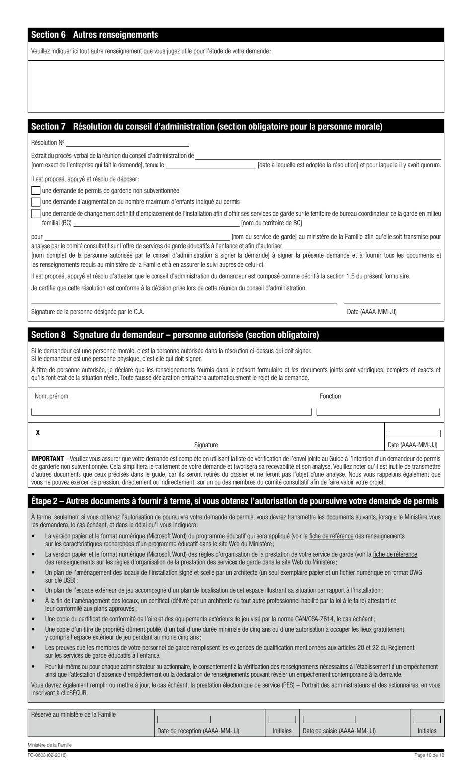 Forme FO-0603 Etape 1 - Demande En Vue Dune Analyse Par Le Comite Consultatif Sur Loffre De Services De Garde Educatifs a Lenfance - Quebec, Canada (French), Page 10