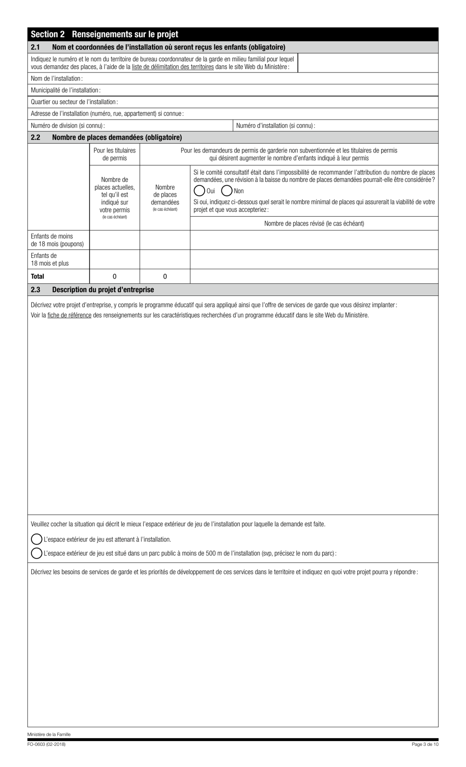 Forme FO-0603 Etape 1 - Demande En Vue Dune Analyse Par Le Comite Consultatif Sur Loffre De Services De Garde Educatifs a Lenfance - Quebec, Canada (French), Page 3