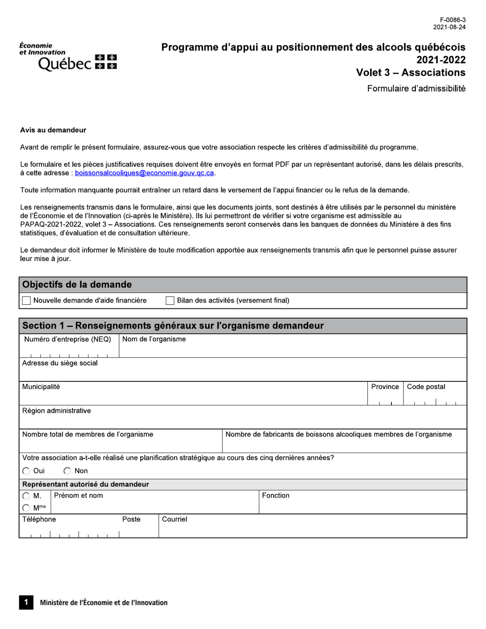 Forme F-0086-3 Volet 3 Formulaire Dadmissibilite - Associations - Programme Dappui Au Positionnement DES Alcools Quebecois - Quebec, Canada (French), Page 1