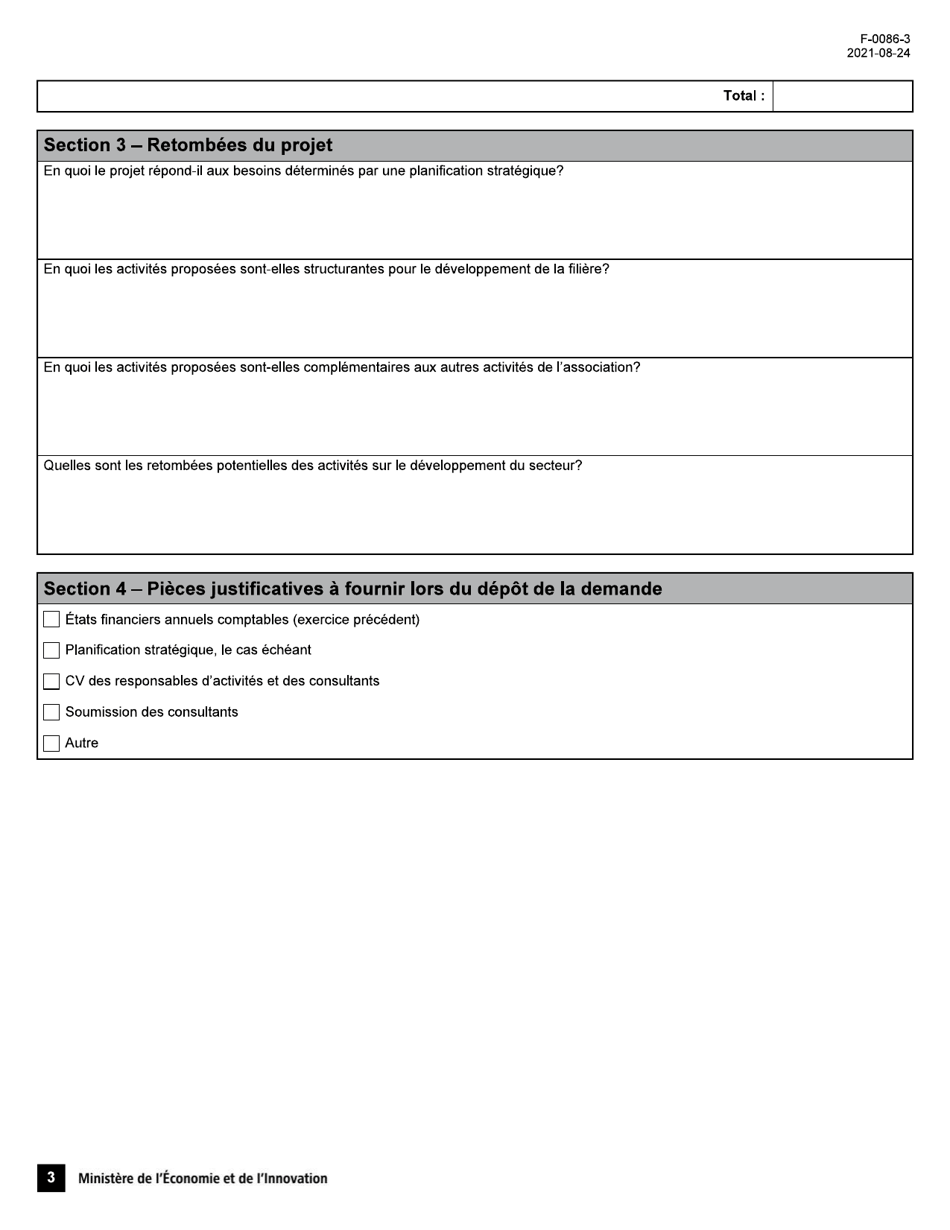 Forme F-0086-3 Volet 3 Formulaire Dadmissibilite - Associations - Programme Dappui Au Positionnement DES Alcools Quebecois - Quebec, Canada (French), Page 3