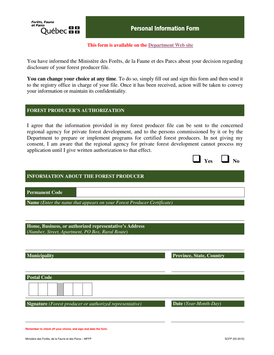 Personal Information Form - Quebec, Canada, Page 1