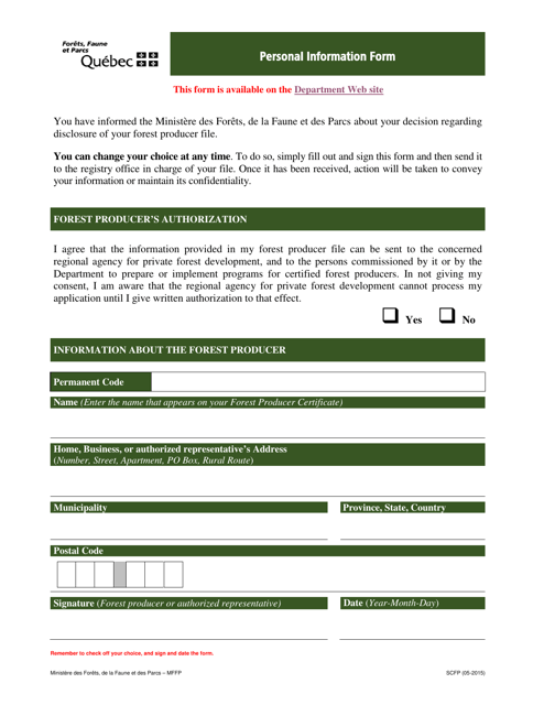 Personal Information Form - Quebec, Canada Download Pdf