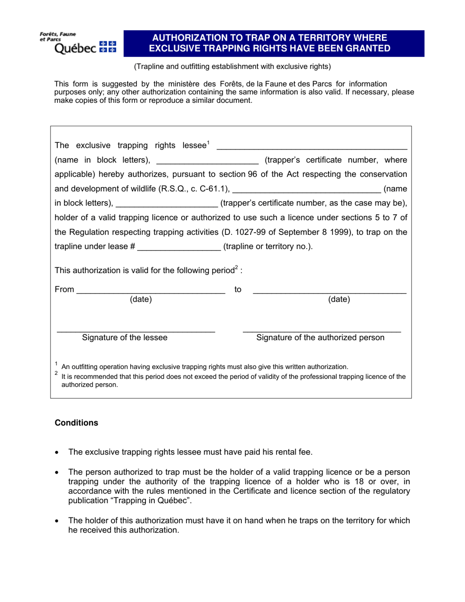 Authorization to Trap on a Territory Where Exclusive Trapping Rights Have Been Granted - Quebec, Canada, Page 1