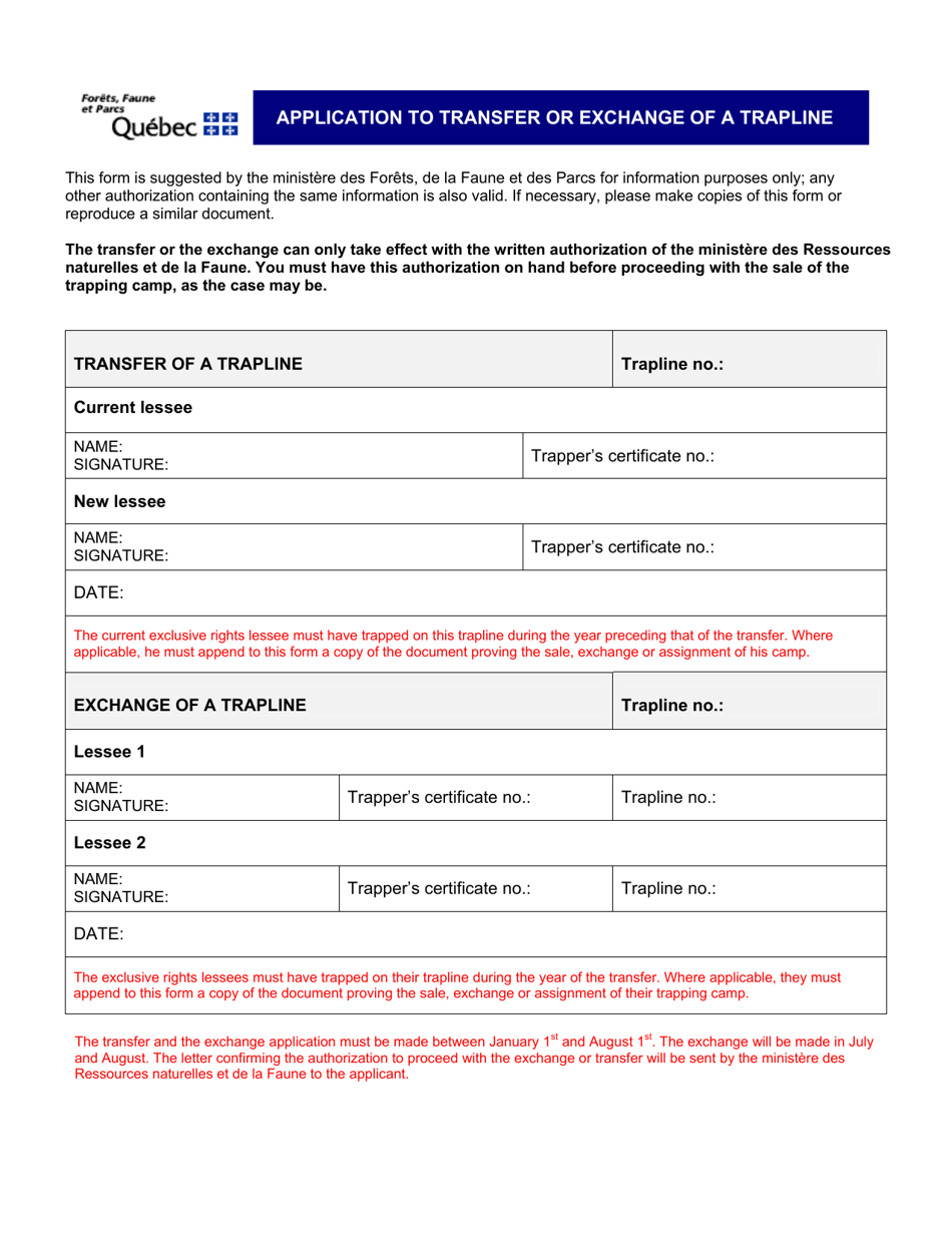 Application to Transfer or Exchange of a Trapline - Quebec, Canada, Page 1