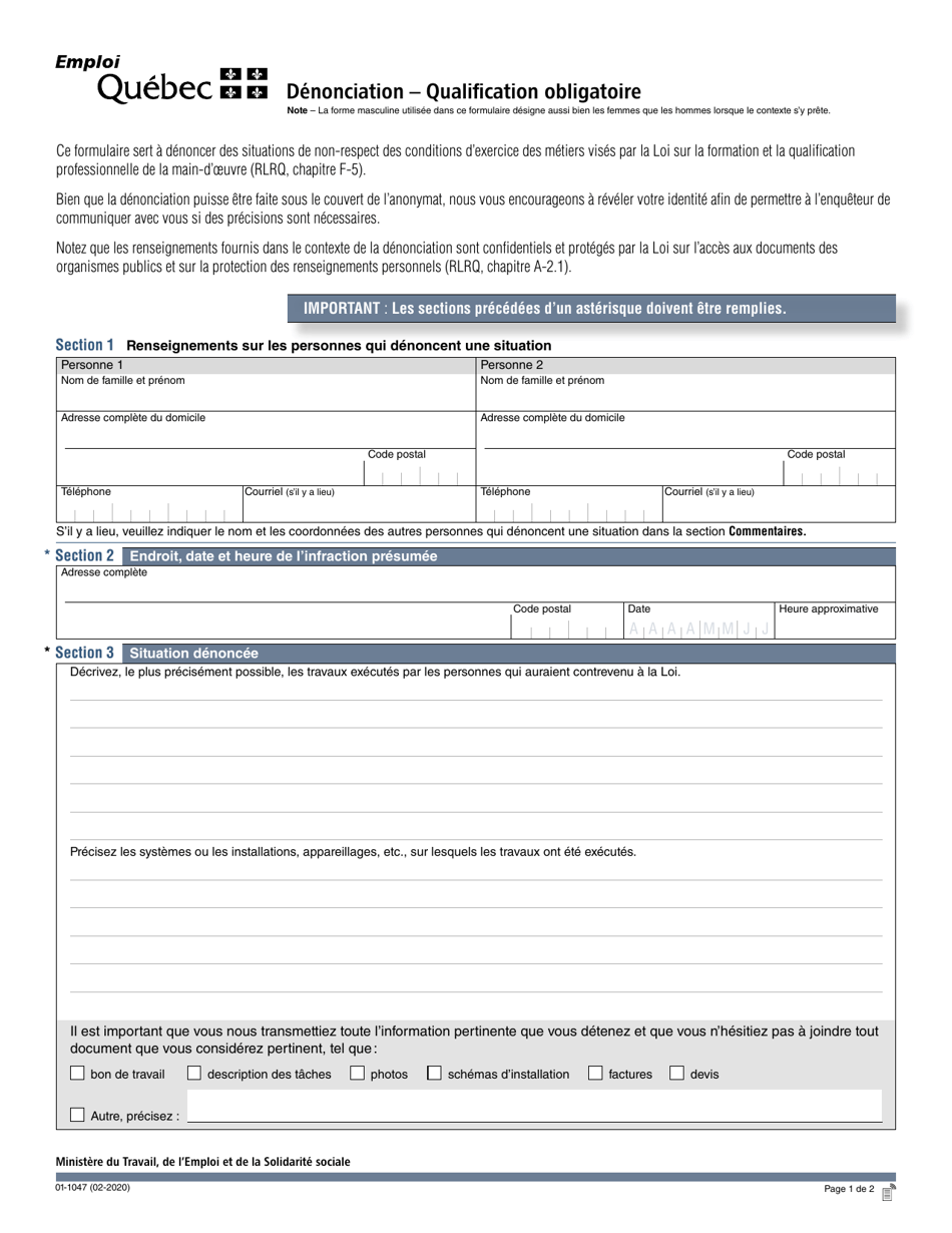 Forme 01-1047 Denonciation - Qualification Obligatoire - Quebec, Canada (French), Page 1
