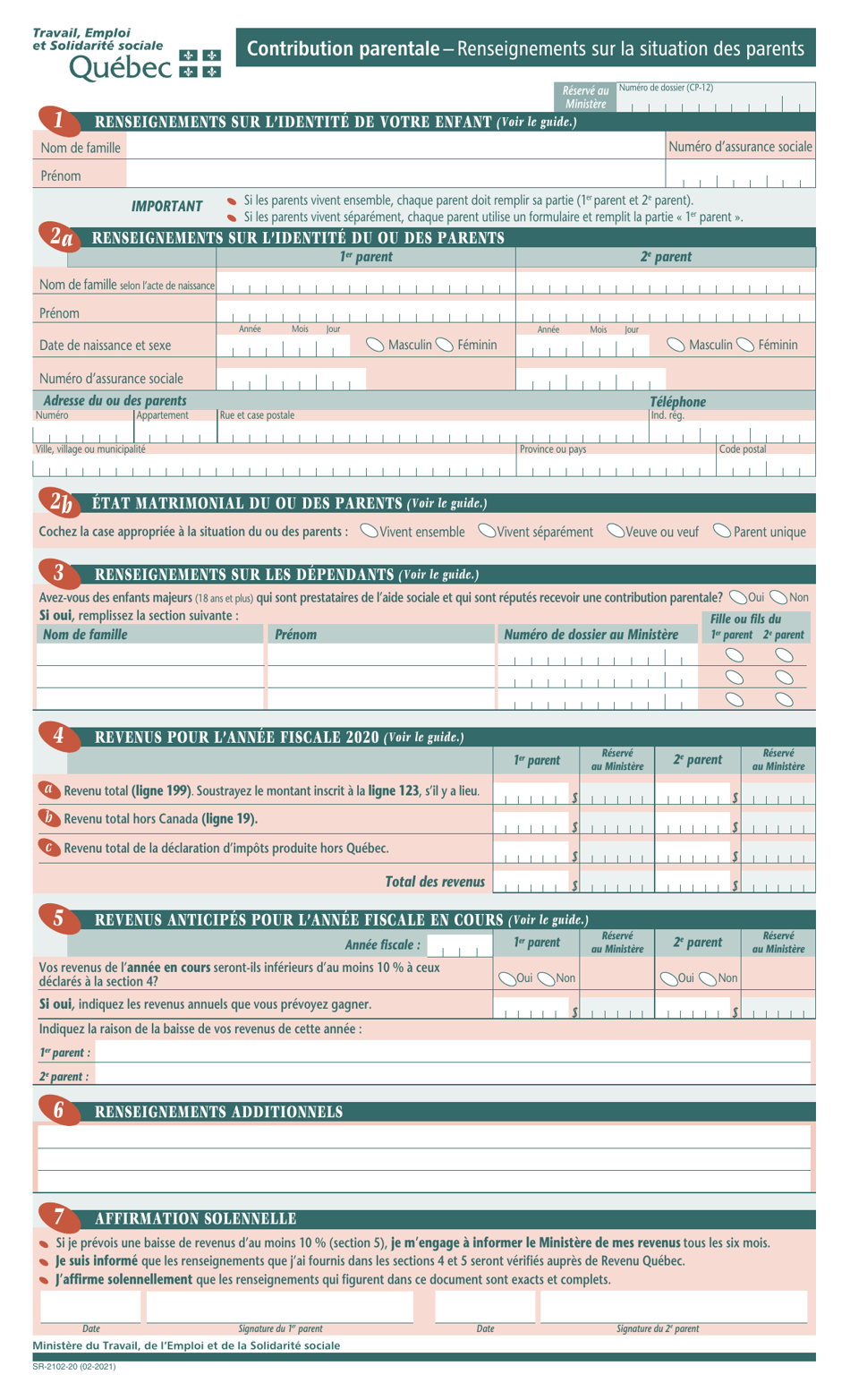 Forme SR-2102 Contribution Parentale - Renseignements Sur La Situation DES Parents - Quebec, Canada (French), Page 3