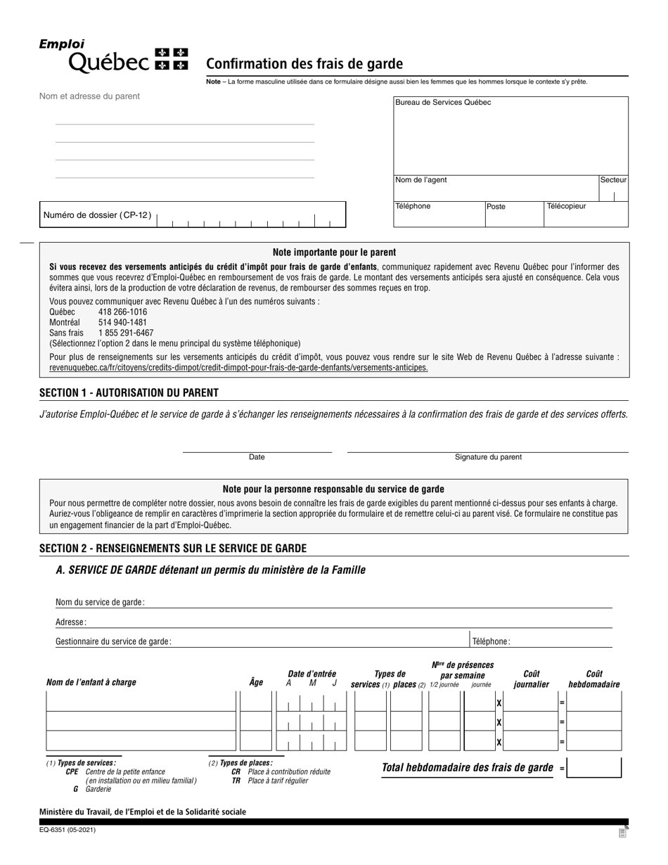 Forme EQ-6351 Confirmation DES Frais De Garde - Quebec, Canada (French), Page 1