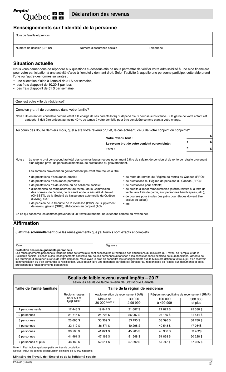 Forme EQ-6468 Declaration DES Revenus - Quebec, Canada (French), Page 1