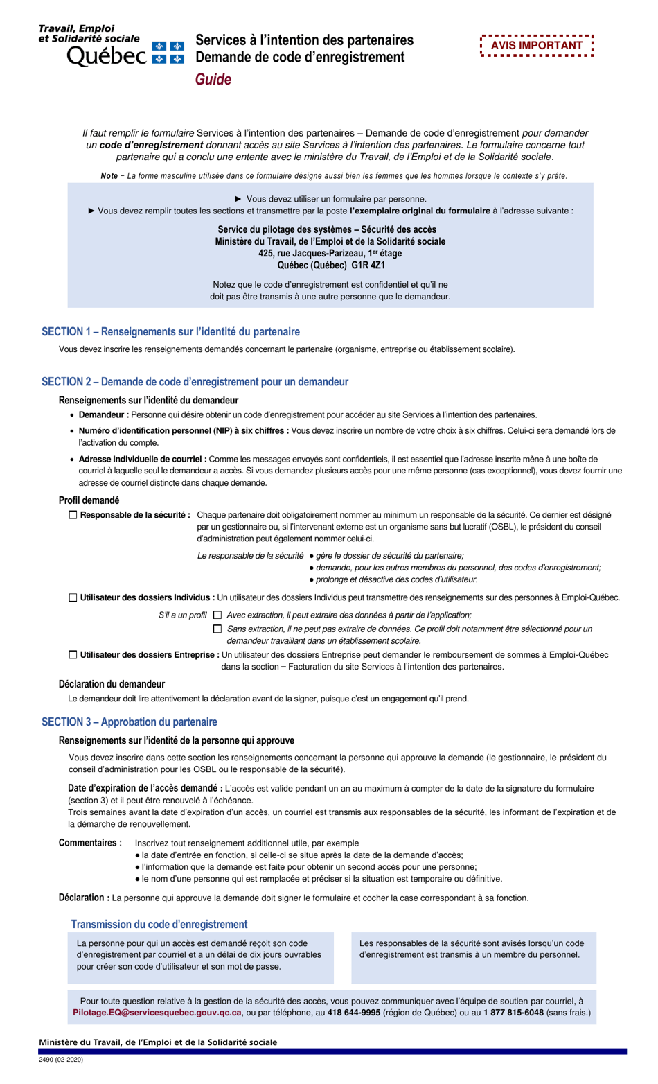 Forme 2490 Services a Lintention DES Partenaires Demande De Code Denregistrement - Quebec, Canada (French), Page 1