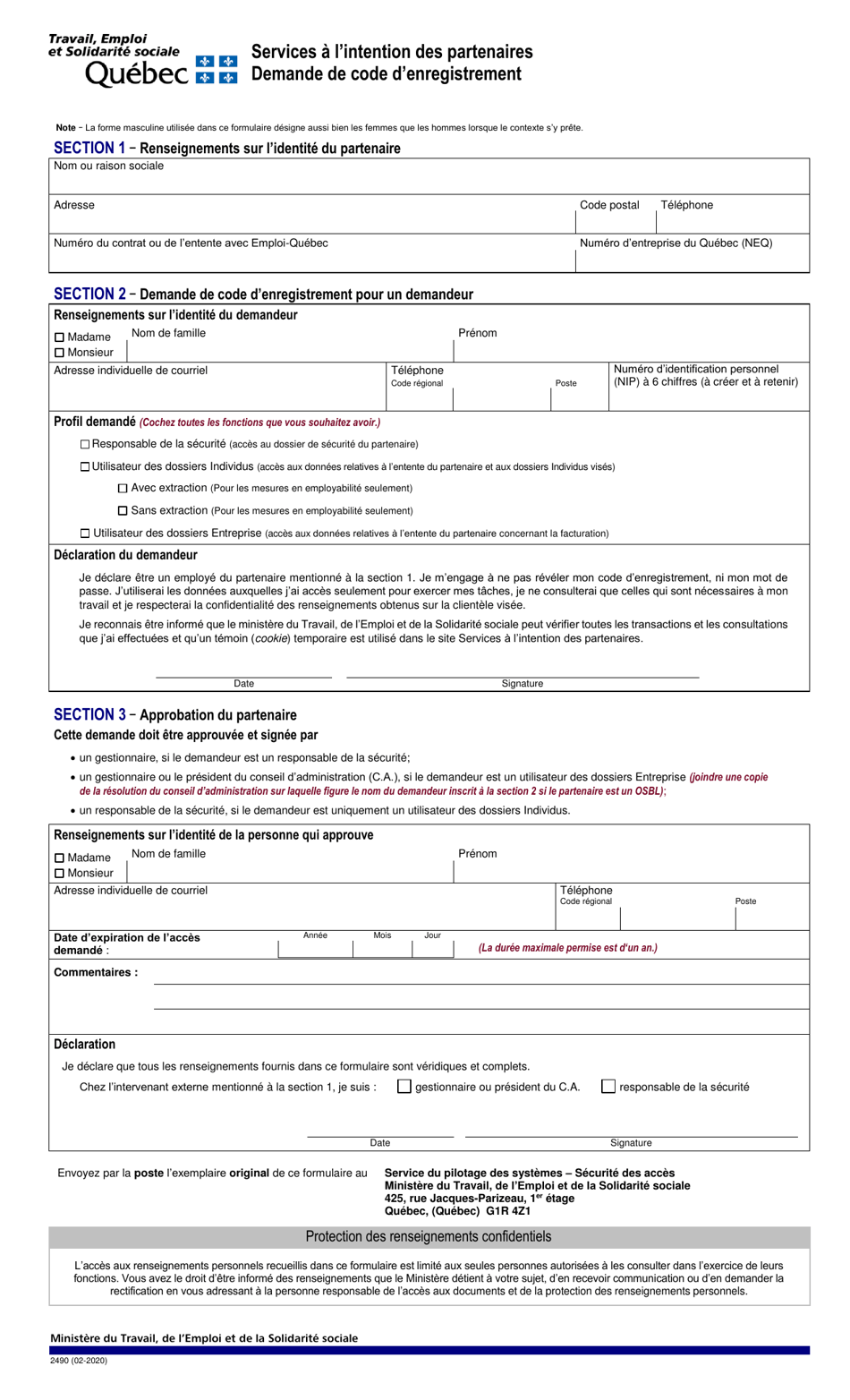 Forme 2490 Services a Lintention DES Partenaires Demande De Code Denregistrement - Quebec, Canada (French), Page 2