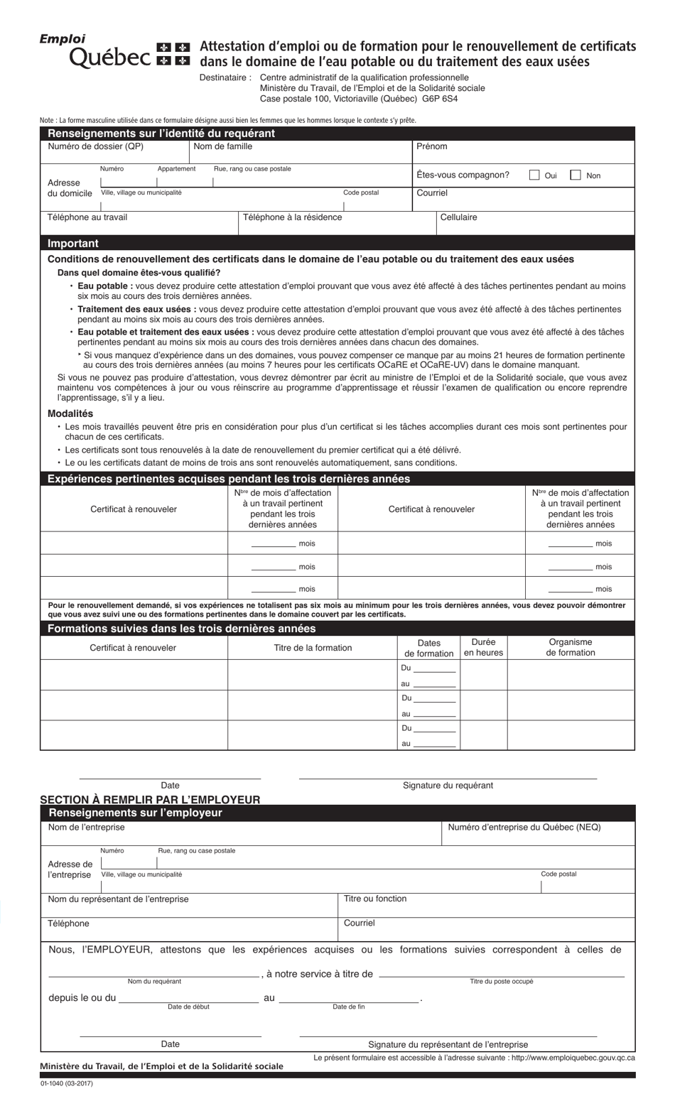 Forme 01-1040 Attestation Demploi Ou De Formation Pour Le Renouvellement De Certificats - Quebec, Canada (French), Page 1