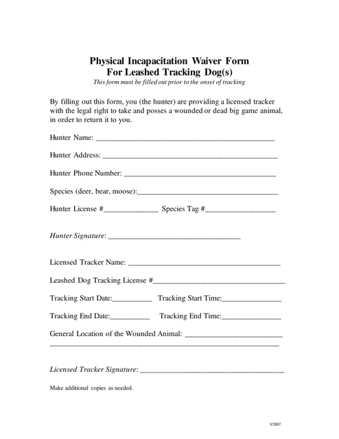 Physical Incapacitation Waiver Form for Leashed Tracking Dog(S) - New Hampshire Download Pdf