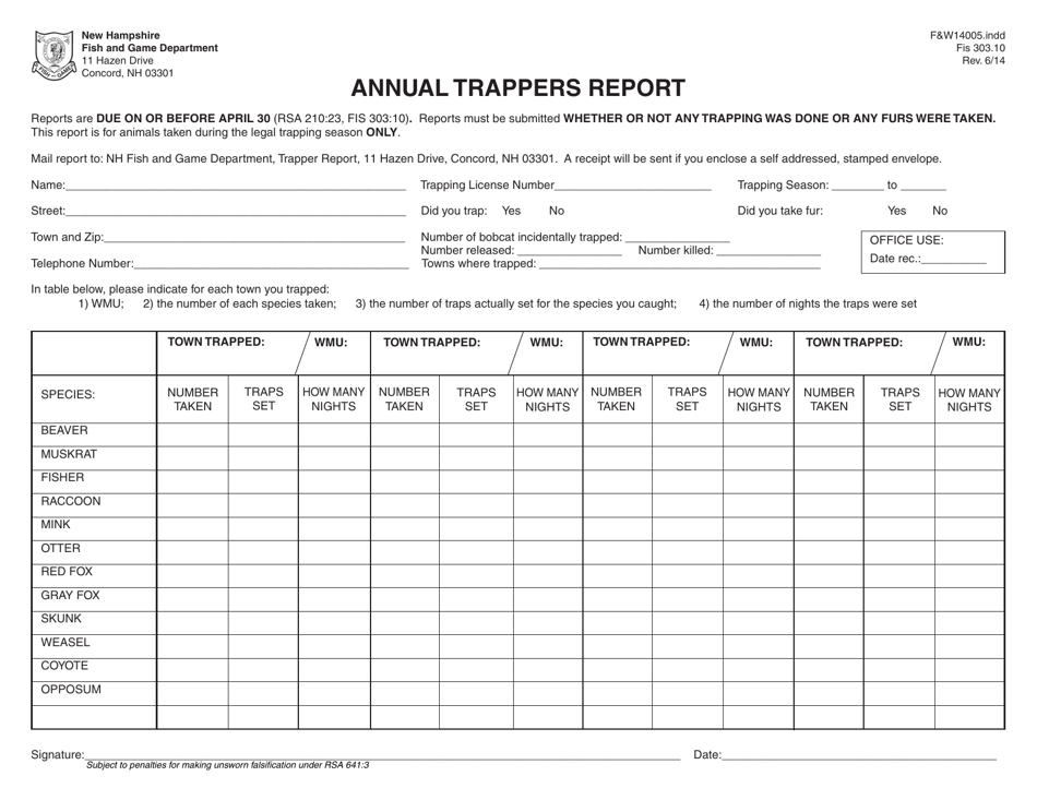 Form FW14005 Annual Trappers Report - New Hampshire, Page 1