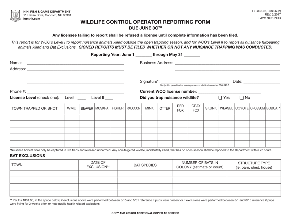 Form FW17002 Wildlife Control Operator Reporting Form - New Hampshire, Page 1