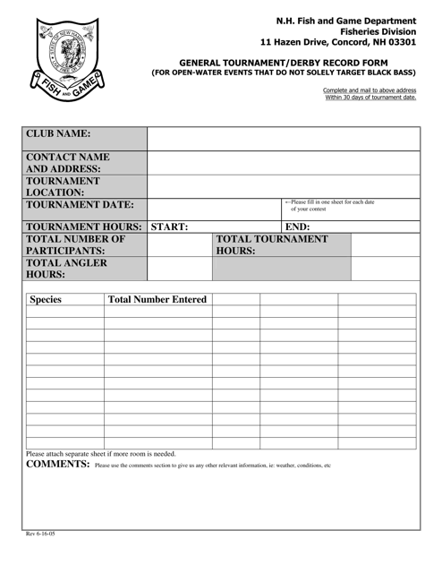 General Tournament / Derby Record Form (For Open-Water Events That Do Not Solely Target Black Bass) - New Hampshire Download Pdf