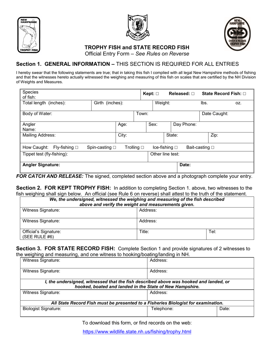 Trophy Fish and State Record Fish Official Entry Form - New Hampshire, Page 1