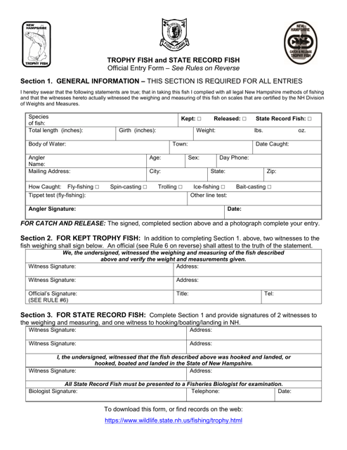 Trophy Fish and State Record Fish Official Entry Form - New Hampshire Download Pdf