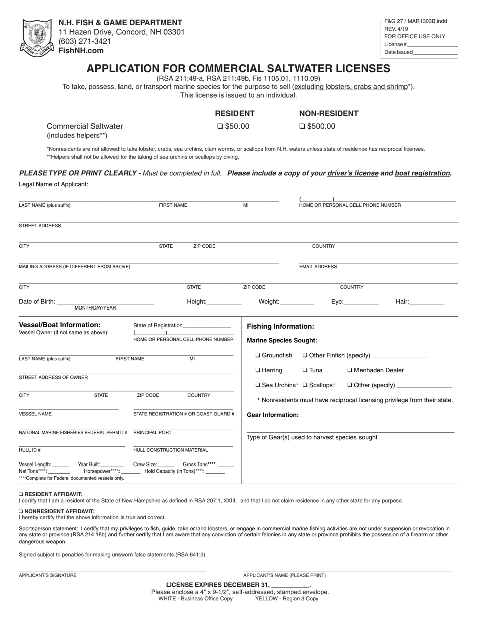 Form FG27 (MAR1303B) Application for Commercial Saltwater Licenses - New Hampshire, Page 1