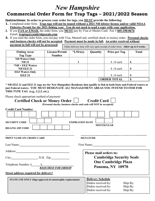 Commercial Order Form for Trap Tags - New Hampshire Download Pdf