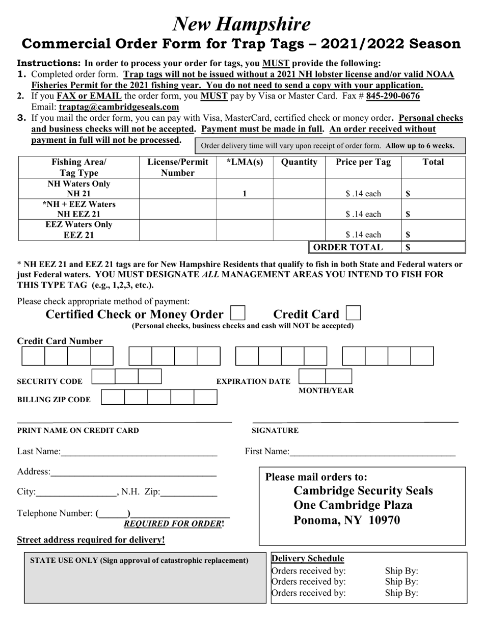 Commercial Order Form for Trap Tags - New Hampshire, Page 1