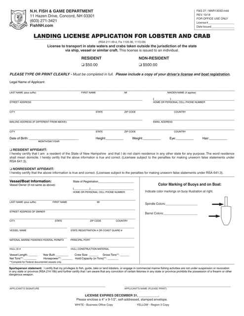 Form F&G27 (MAR1303D) Landing License Application for Lobster and Crab - New Hampshire