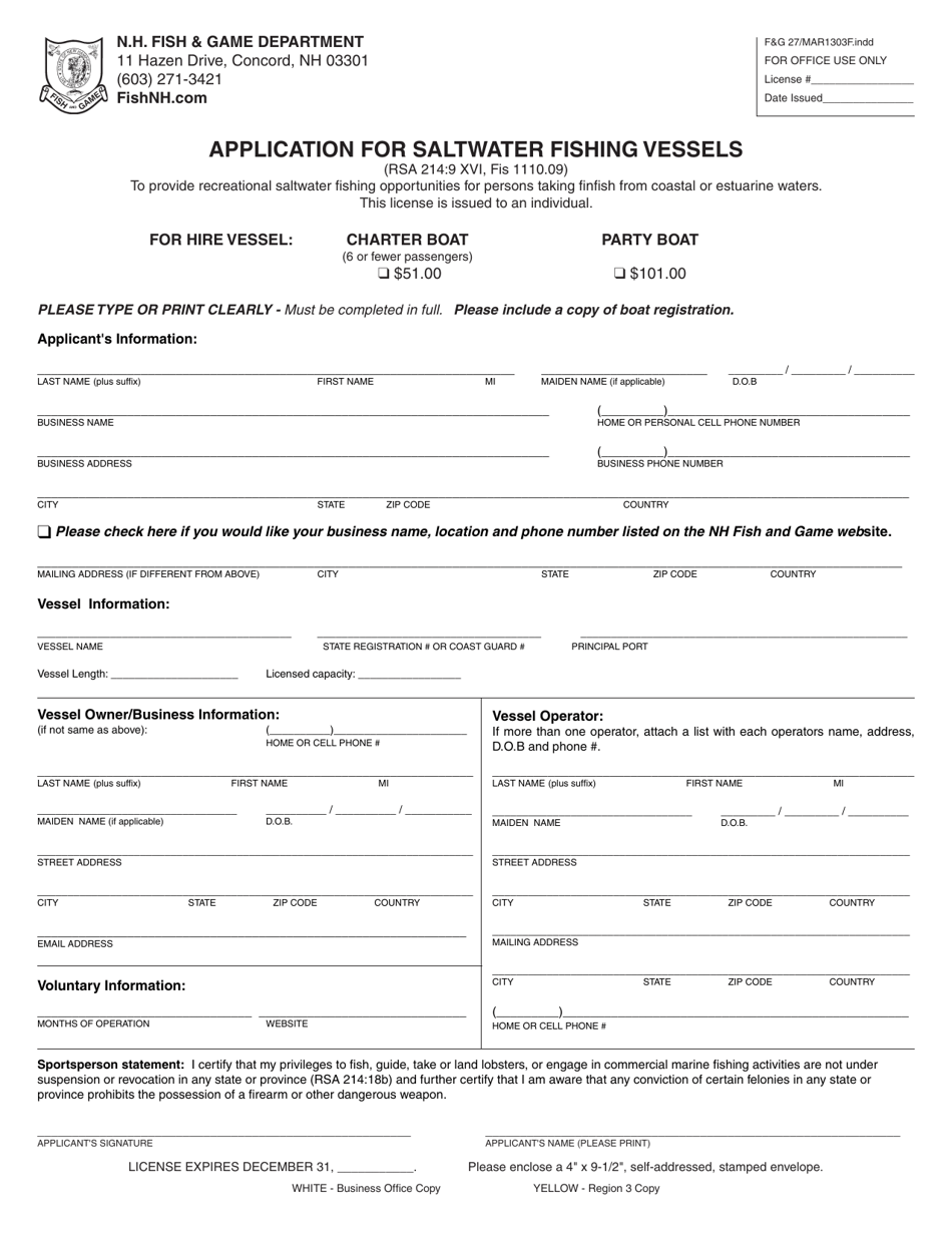 Form FG27 (MAR1303F) Application for Saltwater Fishing Vessels - New Hampshire, Page 1