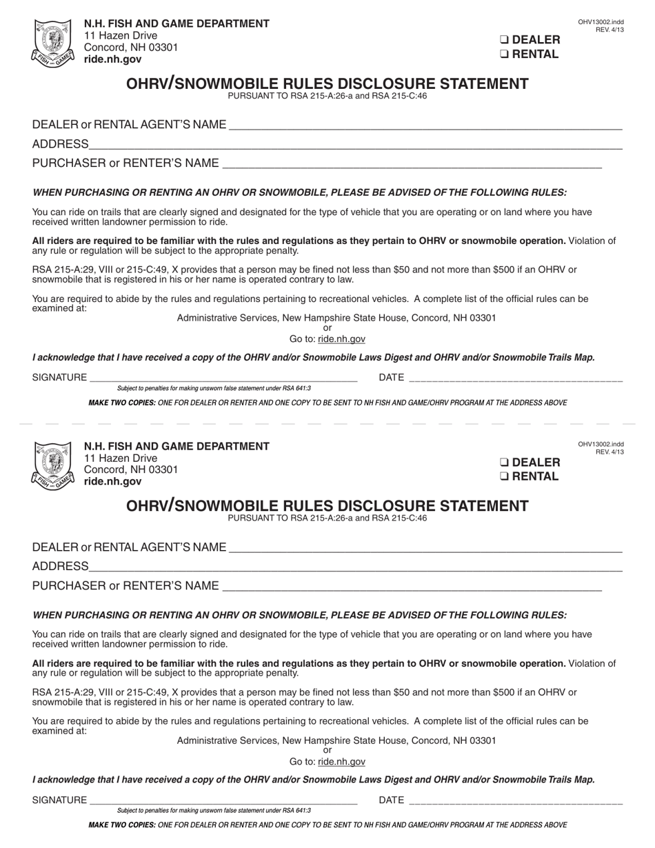 Form OHV13002 Ohrv / Snowmobile Rules Disclosure Statement - New Hampshire, Page 1