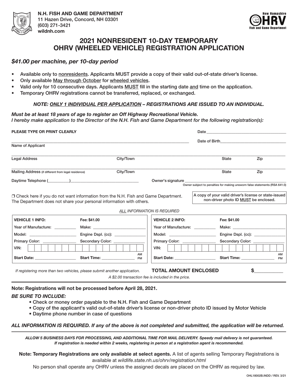 Form OHL18002B Nonresident 10-day Temporary Ohrv (Wheeled Vehicle) Registration Application - New Hampshire, Page 1