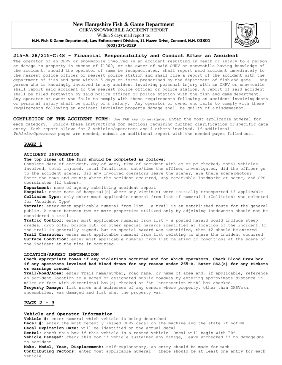 New Hampshire Ohrv/Snowmobile Accident Report Fill Out, Sign Online