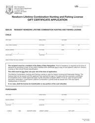 Document preview: Form BUS1505A Newborn Lifetime Combination Hunting and Fishing License Gift Certificate Application - New Hampshire