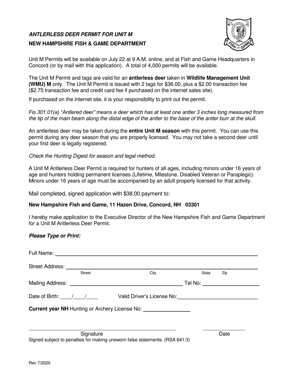 New Hampshire Antlerless Deer Permit for Unit M Fill Out, Sign Online