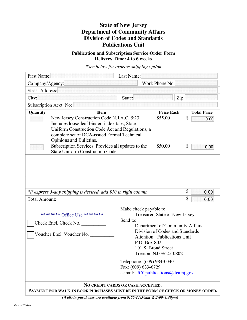 Publication and Subscription Service Order Form - New Jersey, Page 1