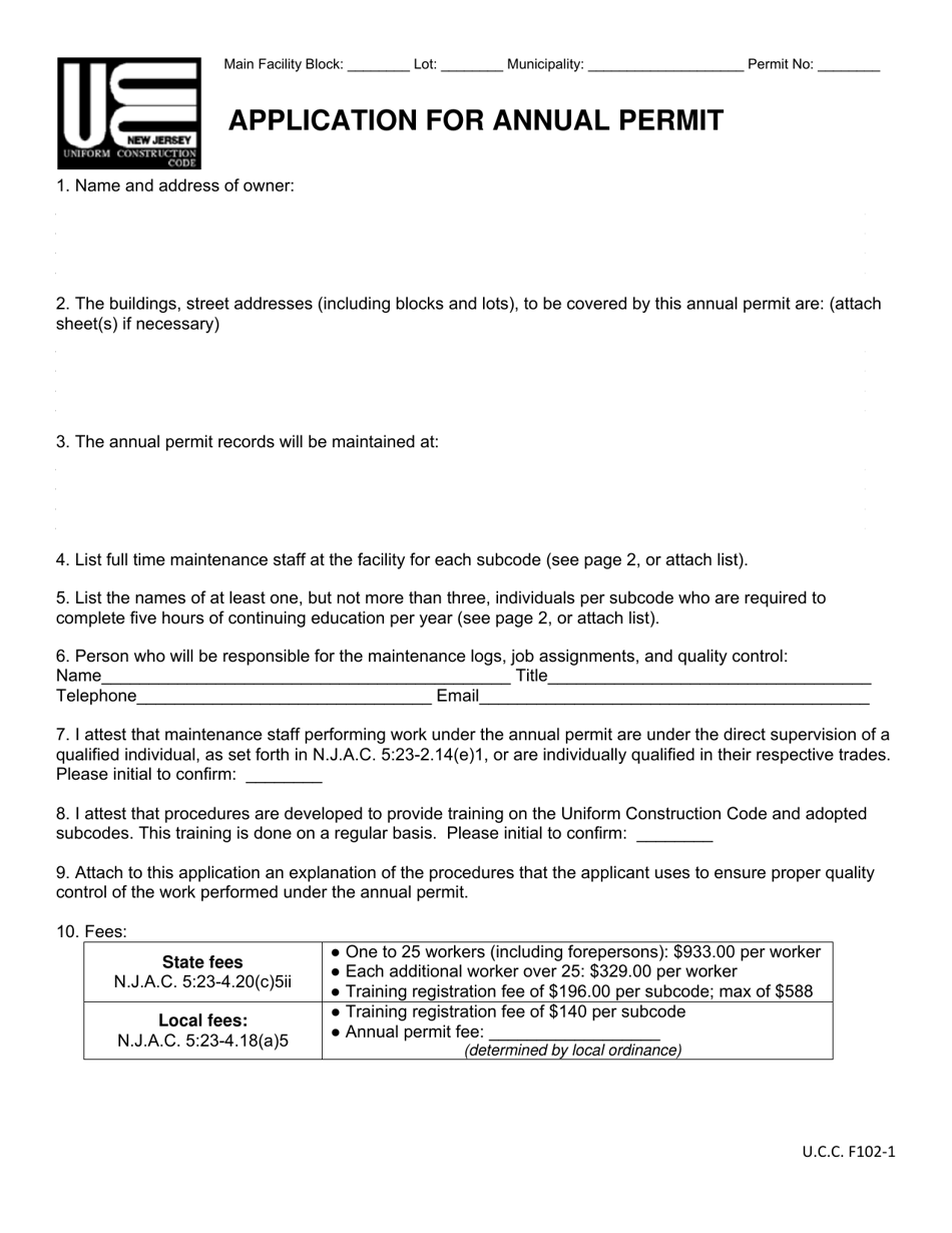 UCC Form F102 Application for Annual Permit - New Jersey, Page 1