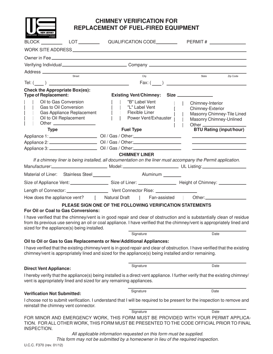 UCC Form F370 Chimney Verification for Replacement of Fuel-Fired Equipment - New Jersey, Page 1