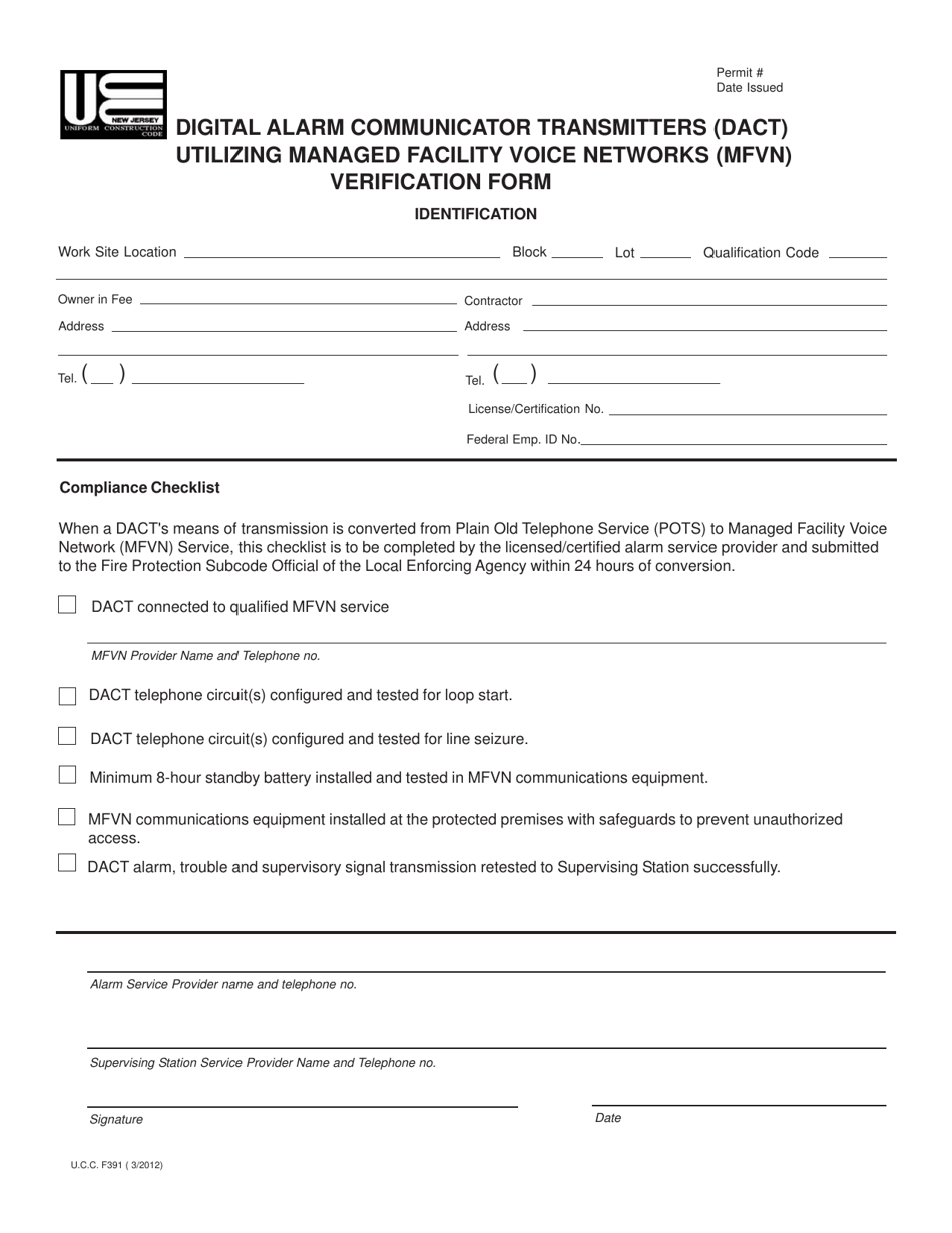 UCC Form F391 Digital Alarm Communicator Transmitters (Dact) Utilizing Managed Facility Voice Networks (Mfvn) Verification Form - New Jersey, Page 1