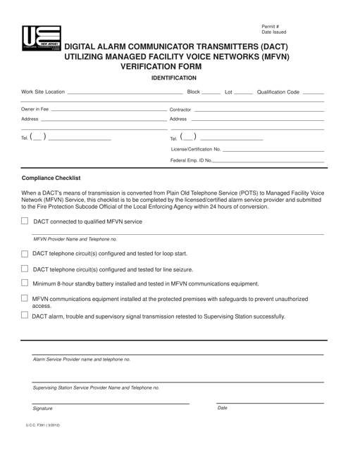 UCC Form F391 Digital Alarm Communicator Transmitters (Dact) Utilizing Managed Facility Voice Networks (Mfvn) Verification Form - New Jersey