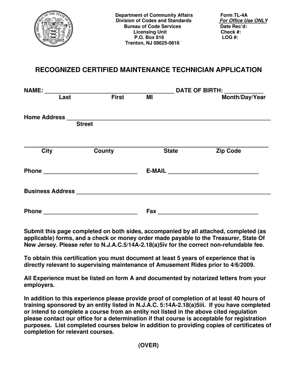 Form TL-4A Recognized Certified Maintenance Technician Application - New Jersey, Page 1