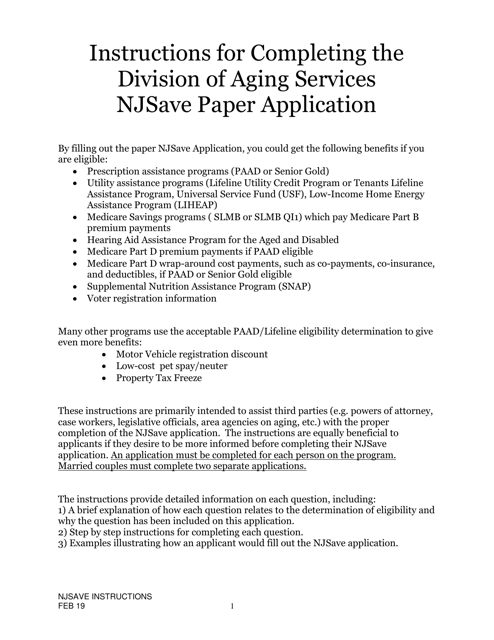Instructions for Nj Save Application for Medicare Savings Programs (Msp), Pharmaceutical Assistance to the Aged and Disabled (Paad), Lifeline Utility Assistance (Lifeline), Senior Gold Prescription Discount Program (Senior Gold), and Other Special Benefits Programs - New Jersey Download Pdf