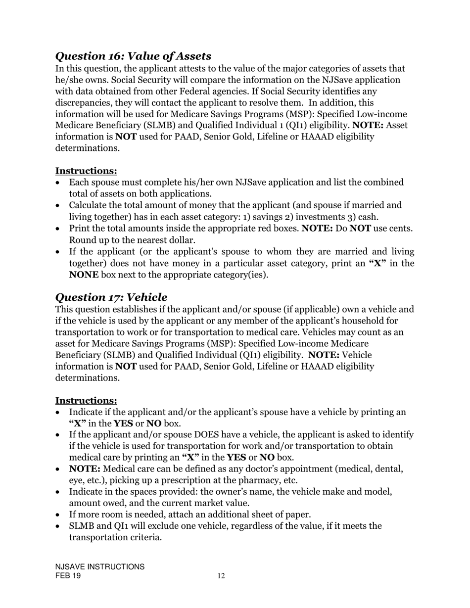 Instructions for Nj Save Application for Medicare Savings Programs (Msp), Pharmaceutical Assistance to the Aged and Disabled (Paad), Lifeline Utility Assistance (Lifeline), Senior Gold Prescription Discount Program (Senior Gold), and Other Special Benefits Programs - New Jersey, Page 12